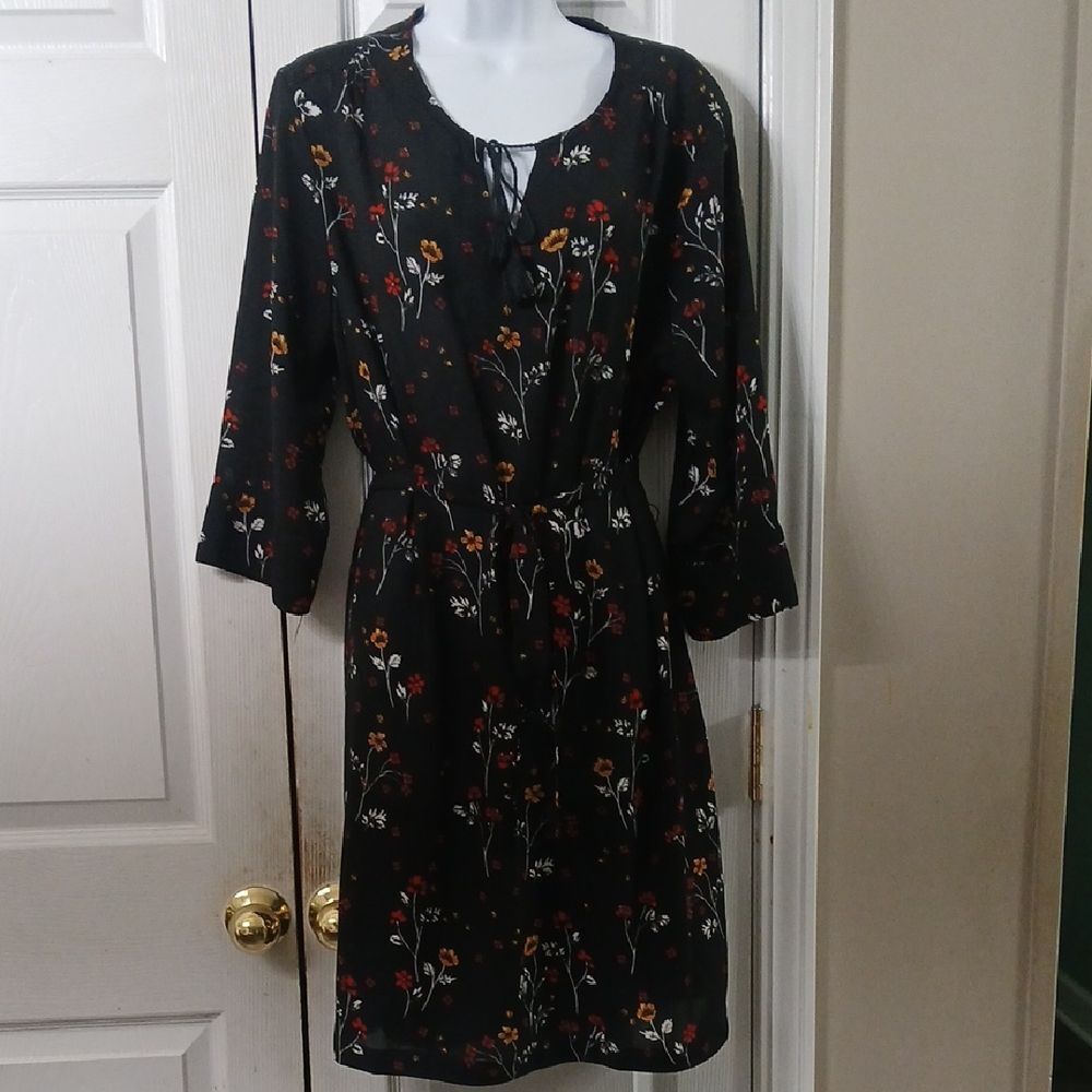 BLL New York sheer Black Floral Dress with tie waist  Sz XL NWOT